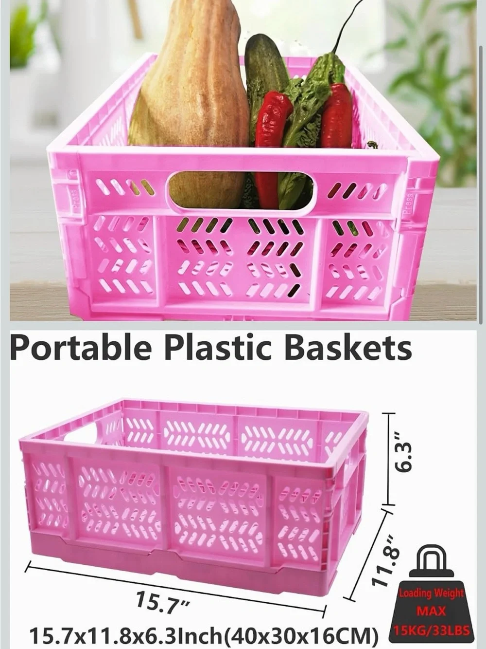 Foldable/Stackable Plastic Storage Baskets - Set of 4